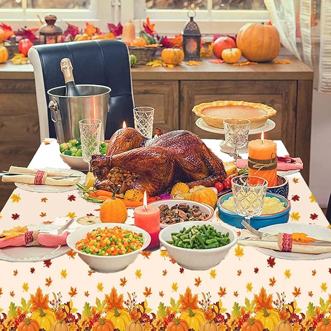 Thanksgiving Disposable Tablecloth, 54 x 108 Inch Rectangle Waterproof Plastic Fall Theme for Harvest Party Table Decoration (Maple 6 Pack)