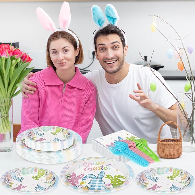 QZYL 120Pcs Easter Plates and Napkins, Disposable Easter Decorations Dinnerware for 30 Guests, Colorful Spring Bunny Paper Plates and Napkins, 9″ and 7″ Tableware for Easter Party Favors Spring Event