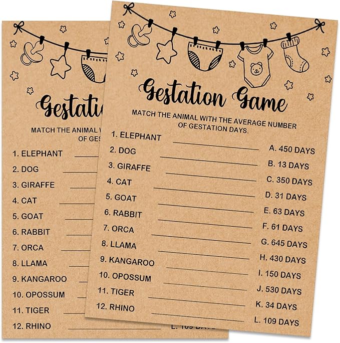Baby Shower Game, Gestation Game Cards, Baby Shower Party Games Supplies & Activities, Baby Shower Decorations, Baby Shower Ideas, Kraft