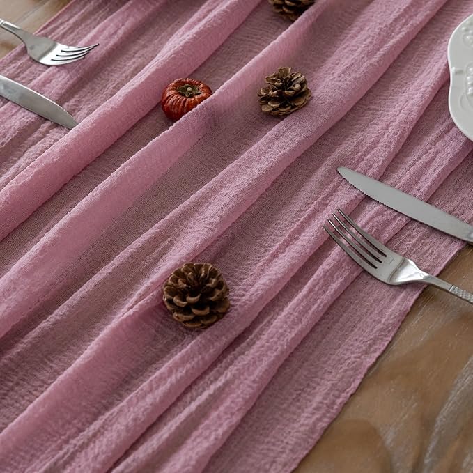 Keketoarrange 3pcs Cheesecloth Table Runner Dusty Rose Gauze 120 Inch 10 FT Rustic Boho Cheese Cloth Runner for Wedding Baby Shower Bridal Shower Party Long Sheer Centerpiece Fall Home Decoration
