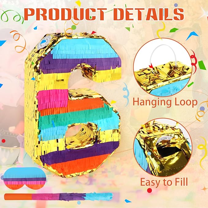 Rainbow Number 6 Pinata for 6th Birthday Party Decorations Fiesta Centerpieces Kids Anniversary Celebrations Birthday Party Supplies (16.1 x 10.6 x 3 Inches)