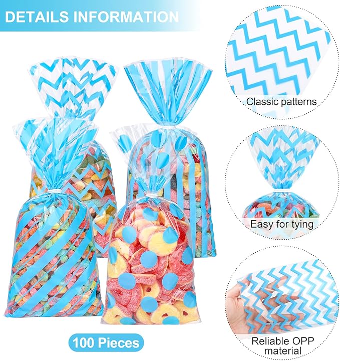 Aodaer 100 Pieces 10.6 x 5.1 In Blue Cellophane Bags Plastic Candy Bags Cellophane Treat Bag Polka Dot Stripes Printed Pattern Goodie Gift Bag with Twist Ties for Birthday, Baby Showers, Weddings Party Supplies