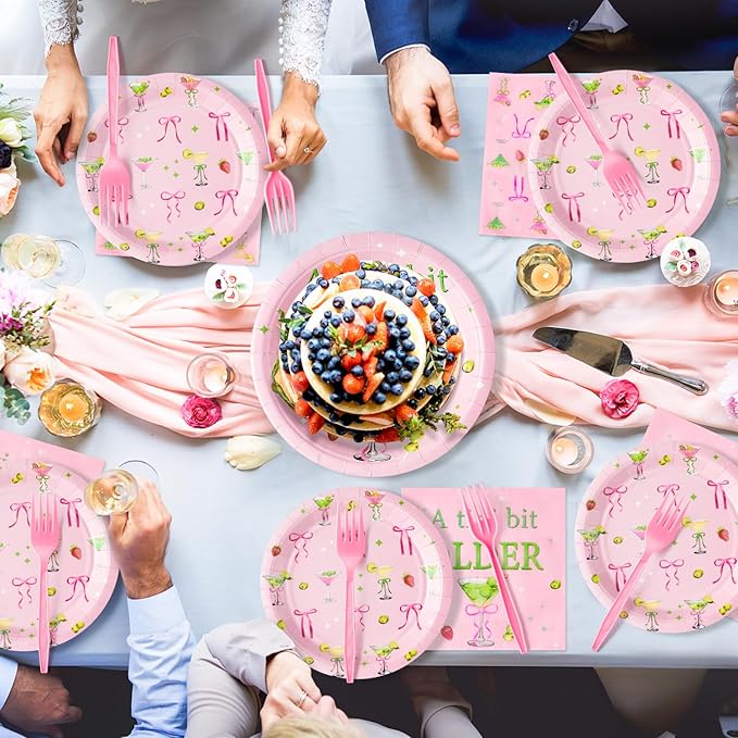 Pink Olive Martini Bow A Tini Bit Older Espresso Cocktail Party Plates Supplies - Serves 24-96Pcs Party Tableware Decoration Disposable Paper Plate Napkin Fork for Birthday Bar Bachelorette