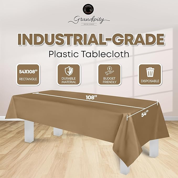 Grandipity 12 Pack Premium Disposable Plastic Tablecloth 54 Inch. x 108 Inch. Decorative Rectangle Table Cover - Gold