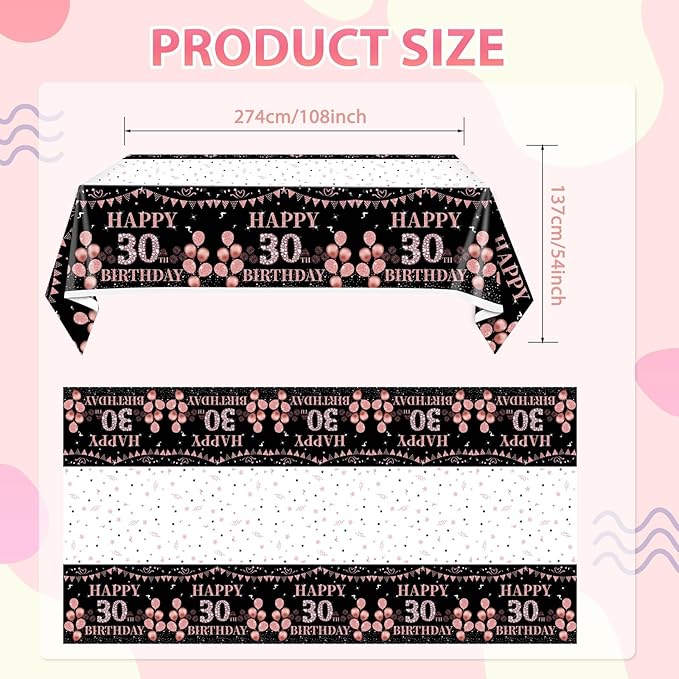 3PCS Happy 30th Birthday Tablecloth Decorations for Girls Women Black and Rose Gold 30 Year Old Birthday Party Supplies Disposable Plastic Rectangular Table Cloth