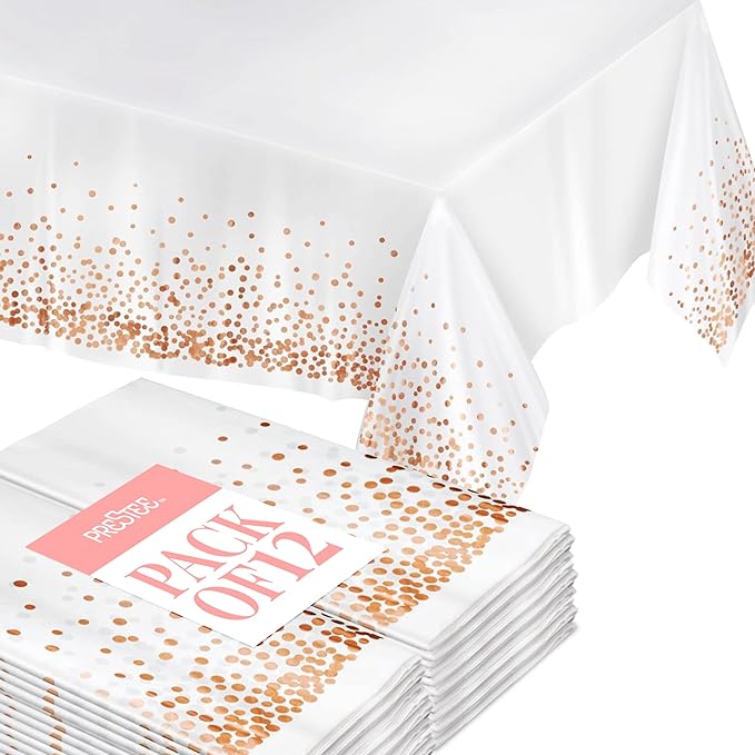 Prestee Rose Gold Plastic Rectangle Tablecloths Pack of 12-54" x 108" Disposable Table Cloths for Parties, Heavy-Duty Waterproof and Stain-Resistant Tablecloth for Thanksgiving, Weddings, Holidays