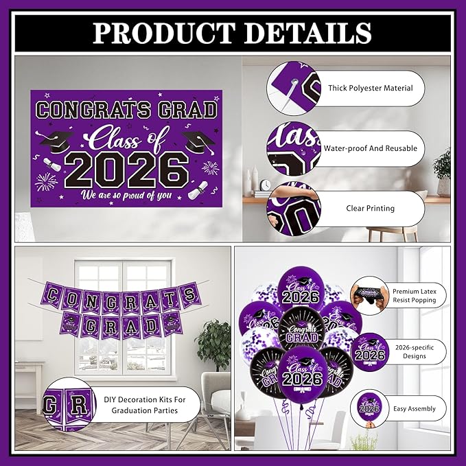 Graduation Decorations 2026 Purple Party Decor Set with Congrats Grad Banner, Class of 2026 Backdrop, Balloons, Box & Streamers Supplies for High School & College Celebrations