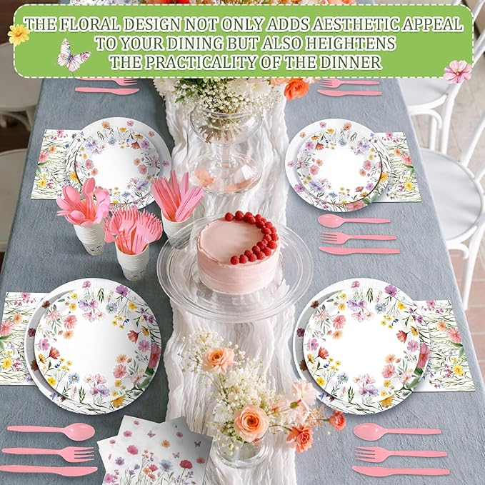 400 Pcs Wild Floral Disposable Paper Plates Napkins and Cups Serve 50 Watercolor Floral Tableware Set for Spring Wedding Tea Party Decoration Bridal Baby Shower (Pink Color, Gentle Style)