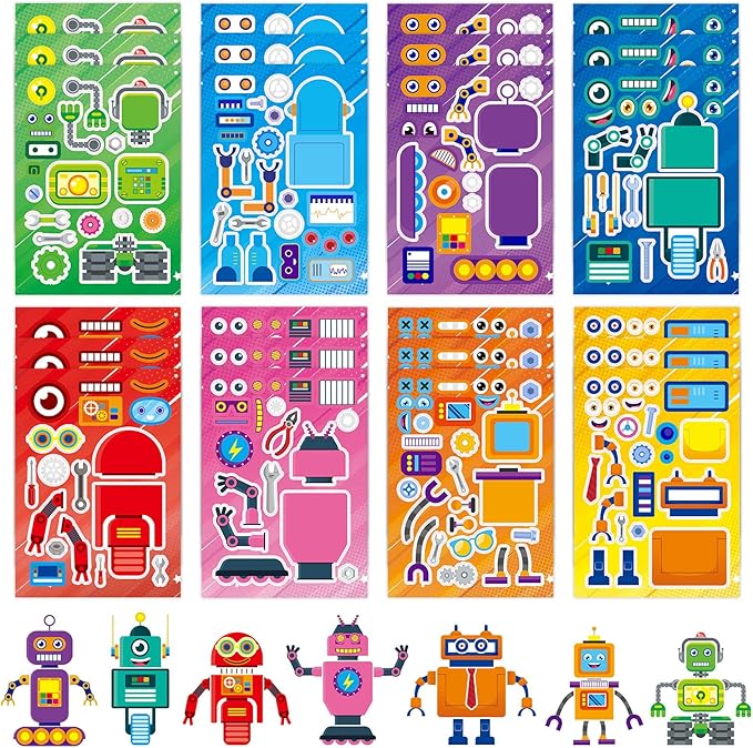 24 Sheets Robot Make a Face Sticker Sheets for Kids Todders Activities, Make Your Own Stickers for Kids Birthday Party Favor Supplies Craft