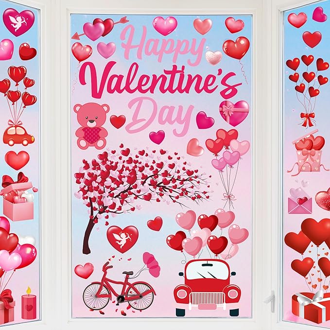 152PCS Valentine Window Clings, 11.8 × 7.8 Inches Heart-Shaped Window Decals, 9 SheetsRomantic Valentines Decorations, Double-Sided Heart Window Stickers for Anniversary, Party Holiday Decor