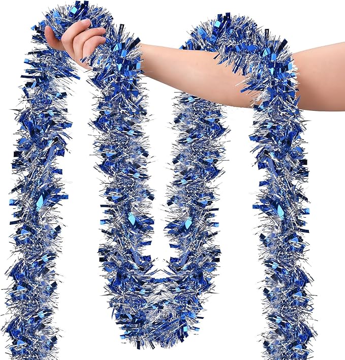 39.5 Ft Christmas Tinsel Garland, Reusable Holiday Metallic Christmas Tree Garland Decoration for Xmas, Wedding, Birthday, Home Party Decor (Blue)