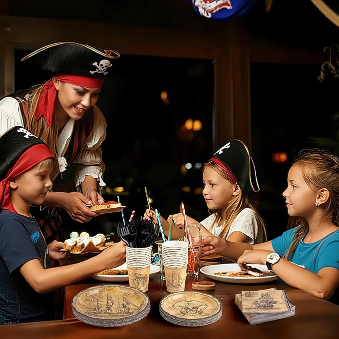 Kochorie 144 Pieces Pirate Party Supplies, Treasure Map Tableware Sets Including Disposable Paper Plates Napkins Cups Forks Serves 24 for Treasure Theme Birthday Party Decorations