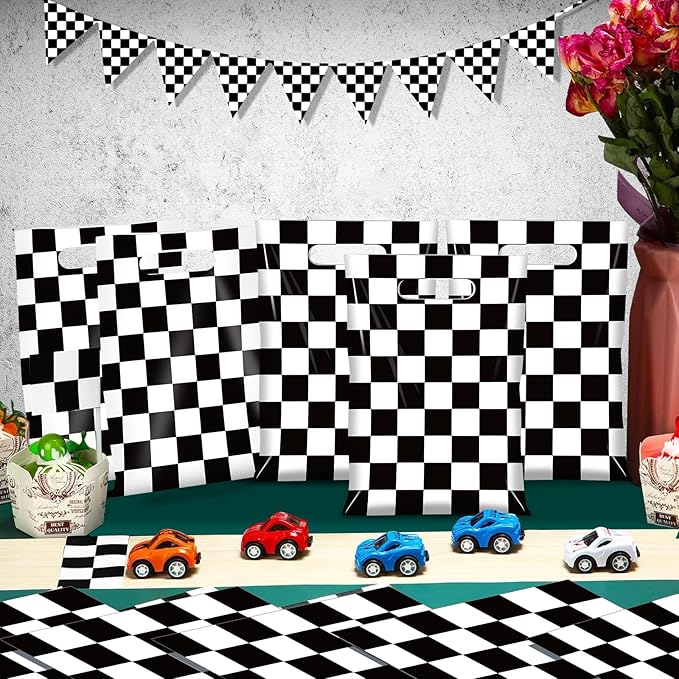30 Pcs Black and White Checkered Race Car Party Favor Bags, Plastic Black and White Car Goodie Treat Bags, Racecar Buffalo Plaid Candy Gift Bags for Kids Fast Race Car Birthday Party Decorations