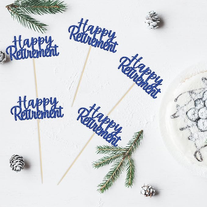 Gyufise 36 Pack Happy Retirement Cupcake Toppers Blue Glitter Retired Cupcake Picks Decorations for Retirement Theme Birthday Party Cake Decorations