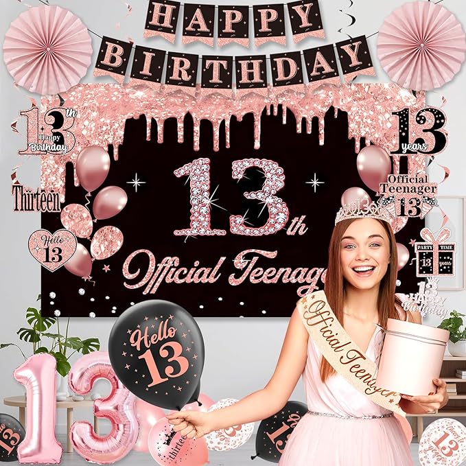 13th Birthday Decorations for Girls, Official Teenager Party Supplies, Black Rose Gold Banner Backdrop Numbers Foil Balloon Crown Sash Hanging Swirls Paper Fans for 13 Birthday Girl Decorations