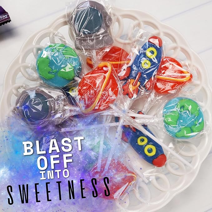 Space Lollipops, Galaxy Themed Birthday Party Treats, Individually Wrapped Candy Rocket, Earth, Saturn & Astronaut Suckers, 18 Pieces