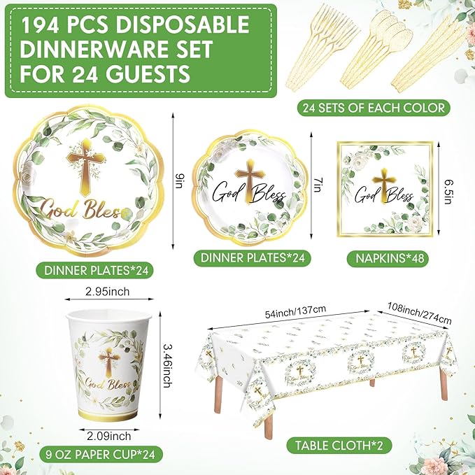 Pickmesh 194 Pcs God Bless Baptism Party Decoration Boy 24, Sage Green Baptism Paper Plate Napkin Cup Tablecloth Cutlery First Holy Communion Disposable Tableware for Christening Baby Shower Supplies