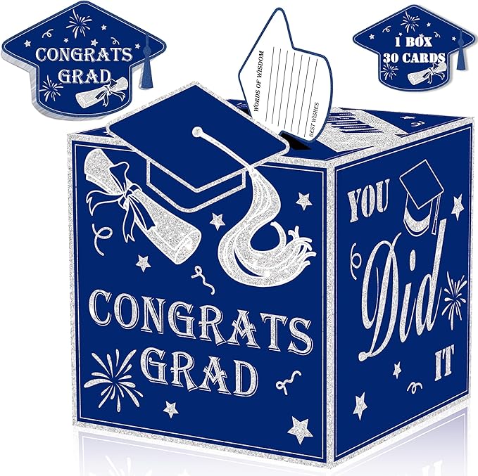 AYGXU graduation card box Holder 2026 with 30pcs graduation cards,Graduation party Decorations,graduation box for gifts and Cards,graduation money box,Graduation Party favors Supplies-Royal Blue box