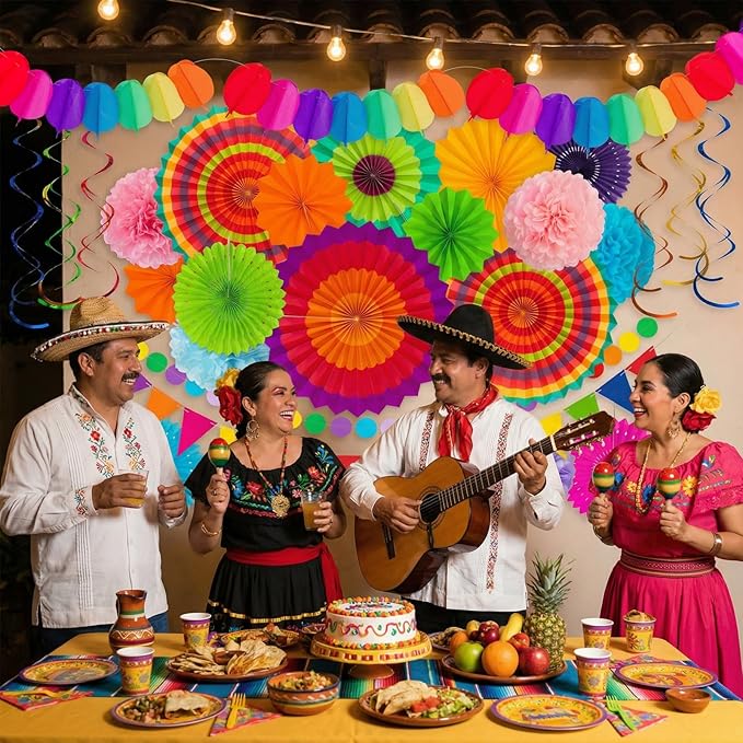 35PCS Fiesta Paper Fan Party Decorations Set - Cinco De Mayo Pom Poms,Pre-assembled Pennant,Garland String,Banner,Hanging Swirls Hispanic Heritage Month Decor Supplies,Multicolored