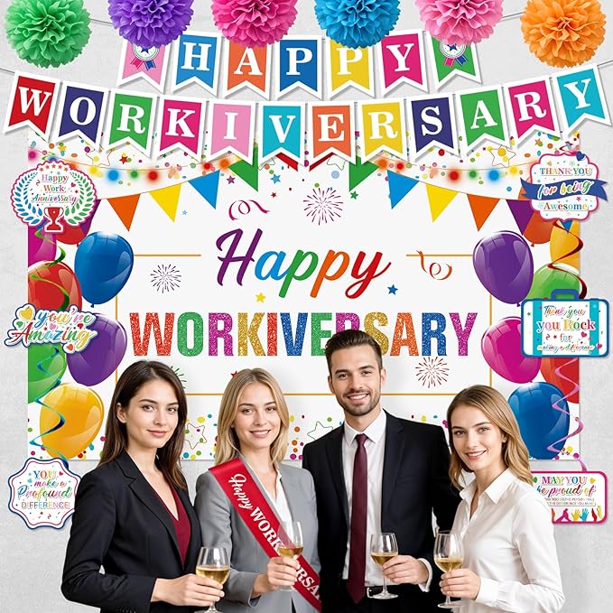 Happy Work Anniversary Decorations Colorful Happy Workiversary Banner Honeycomb Centerpieces Hanging Swirls Tissue Paper Pompoms Sash for Men Women Office Employee Worker Pastor Appreciation Supplies