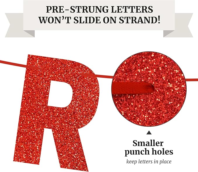 Pre-strung Happy Birthday Banner - No DIY - Red Glitter Happy Birthday Party Banner for Men Woman Boys Girls - Pre-strung on 8 ft Strands - Red Bday Party Decorations & Decor. Did We Mention No DIY
