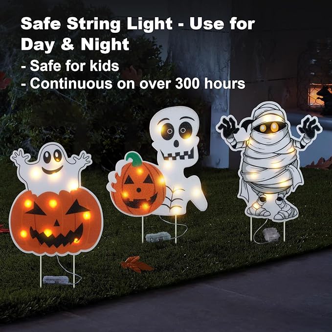 Lighted Yard Signs for Halloween Props Yard Stakes Light Up Pumpkin Ghost Yard Sign with Stakes for Halloween Decorations Outdoor Lawn Decor Yard Decorations - 3PCS