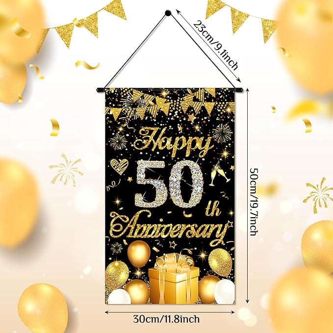 50th Anniversary Decorations Small Banner Black Gold Happy 50th Anniversary Door Hanging Banner Porch Front Door Decor for Women Men 50 Years Silver Wedding Anniversaries Party Cruise Sign Supplies