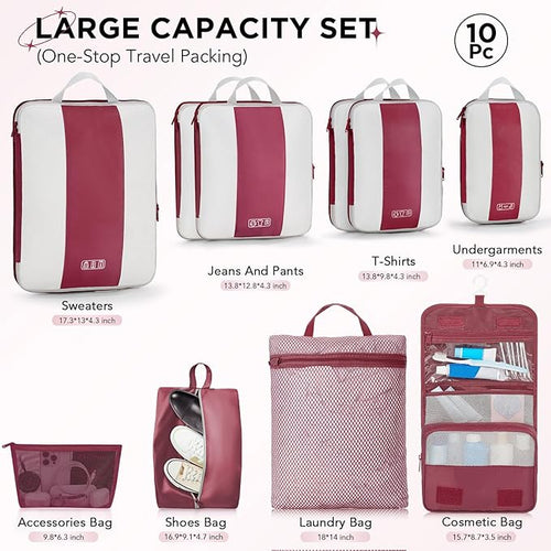 10 Set Compression Packing Cubes for Travel Essentials,Compressible Expandable Packing Cubes for Suitcase,OlarHike Luggage Organizer Bags for Travel,Handy Helper for Organizing Clothes(Wine Red)