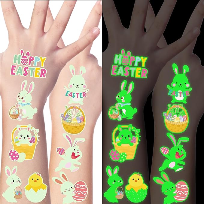 115 Pcs Easter Basket Stuffers, 12 Sheets Luminous Easter Tattoos for Egg Fillers, Fake Bunny Temporary Tattoos Stickers for Basket Crafts Decorations Gifts Egg Bags Fillers Party Favor