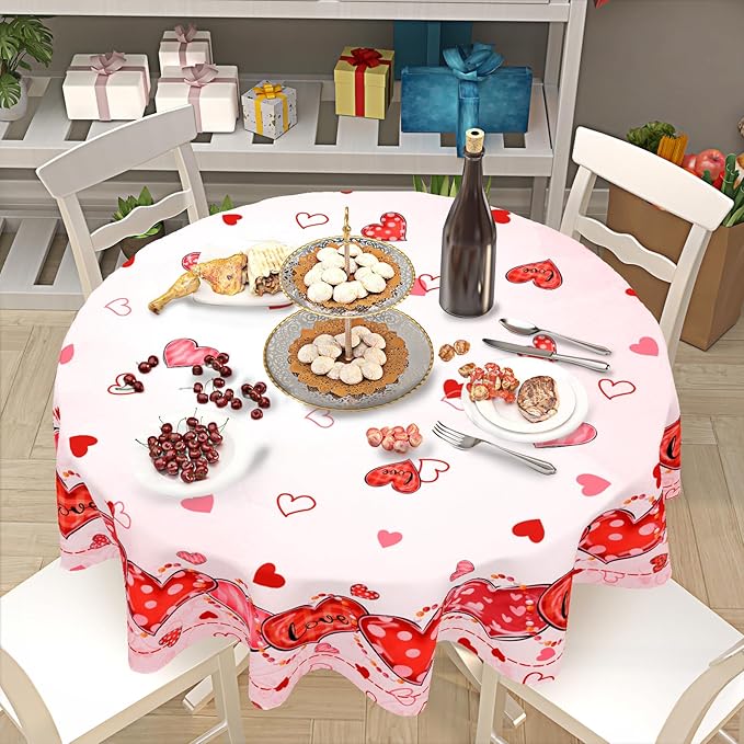 Valentine's Day Tablecloth Round 60 Inch Pink Love Hearts Table Cloth Farmhouse Valentines Table Cover for Kitchen Dinner Room Holiday Party Indoor Outdoor Home Valentine Decor