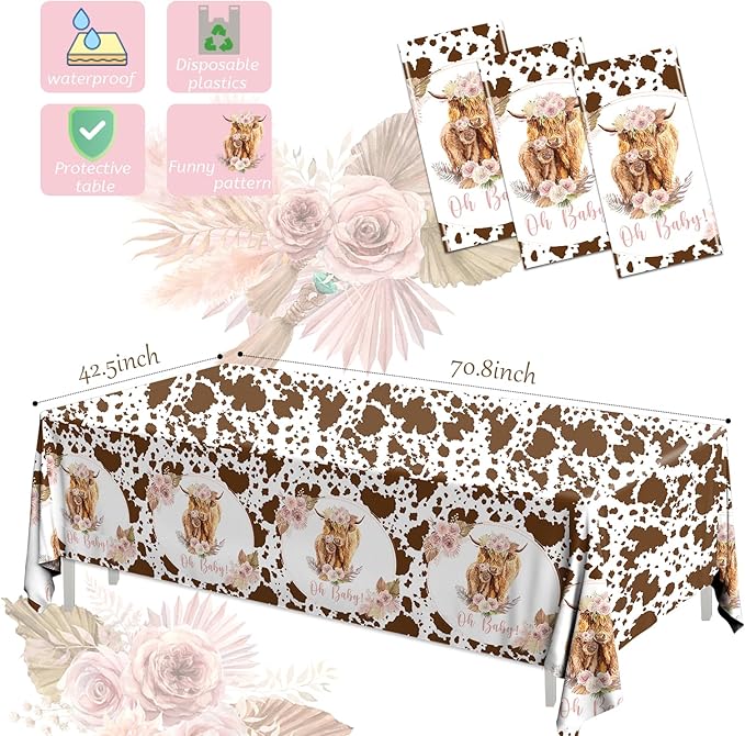 HAKOTI 3Pack Holy Cow Tablecloth,Cow Baby Shower Decorations Brown Cow Print Rectangular Plastic Table Cover for Birthday Party Supplies,Farm Animal Themed Party Decorations