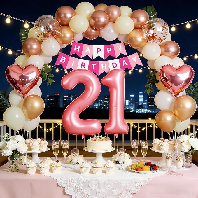 21st Birthday Decorations for Women, Rose Gold and Pink Party Supplies Set with Finally 21 Banner, Number 21 Balloon and Foil Fringe Curtains