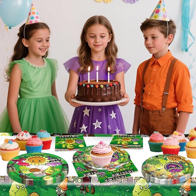 deenor 41Pack Plants Zombies Birthday Party Supplies include 20 plates, 20 napkins and Tablecloth for Zombies Party Decoration