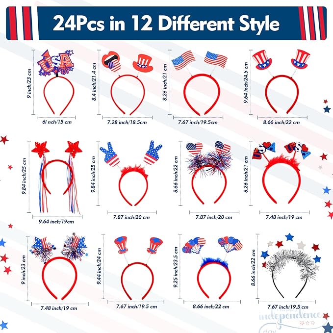 Retrowavy 24 Pcs Patriotic Head Boppers Headband 4th of July American Flag Headband Independence Day Accessories Red White Blue America Headband Bulk for Adults Veteran Day Party Favor Supplies Decor
