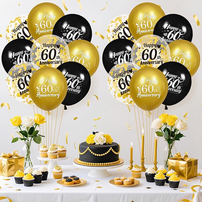 60th Anniversary Balloons 18Pcs Black Gold Anniversary Party Decorations for Women Men Black Gold 12Inch Happy Latex Metallic Confetti Balloons for Indoor Outdoor Party Supplies