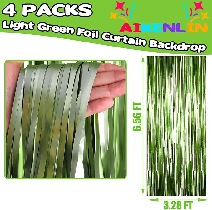 4 Pack 3.3Ft x 6.6Ft Light Green Foil Fringe Curtain Backdrop, Metallic Tinsel Foil Fringe Streamers Curtains Background for Photo Booth, Birthday, Wedding, Halloween, Christmas Party Decoration