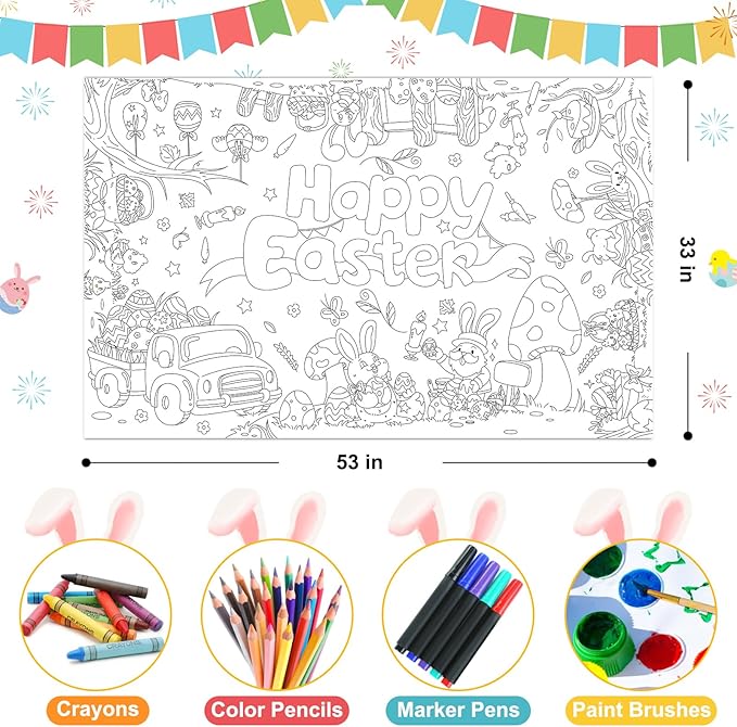 Happy Easter Giant Coloring Poster Large Easter Party Tablecloth for Kids, DIY Truck, Eggs,Rabbits, Chickes, Letters, Coloring Party Activity Poster & Table Cover,53x33 inches Jumbo Banner