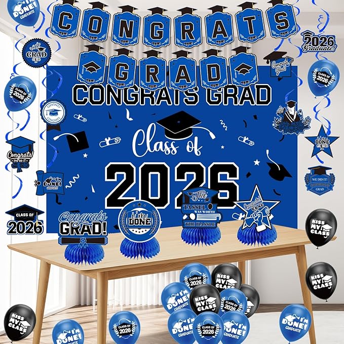 Graduation Decorations 2026 Blue Themed Set - Congrats Grad Banner, Class of 2026 Backdrop, Balloons & Streamers Kit - Complete Party Supplies for High School & College Celebrations