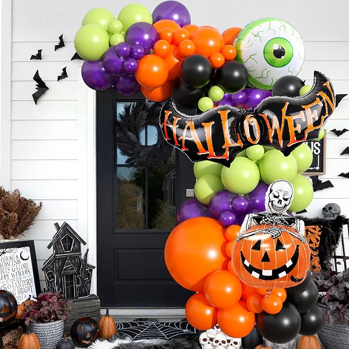 Halloween Balloons Garland Arch Kit, Orange Green Purple Balloons Arch Kit with Big Green Ghost Eye and Bat Skull Pumpkin Foil Balloon, Halloween Party Balloons For Home Garden Birthday Decorations