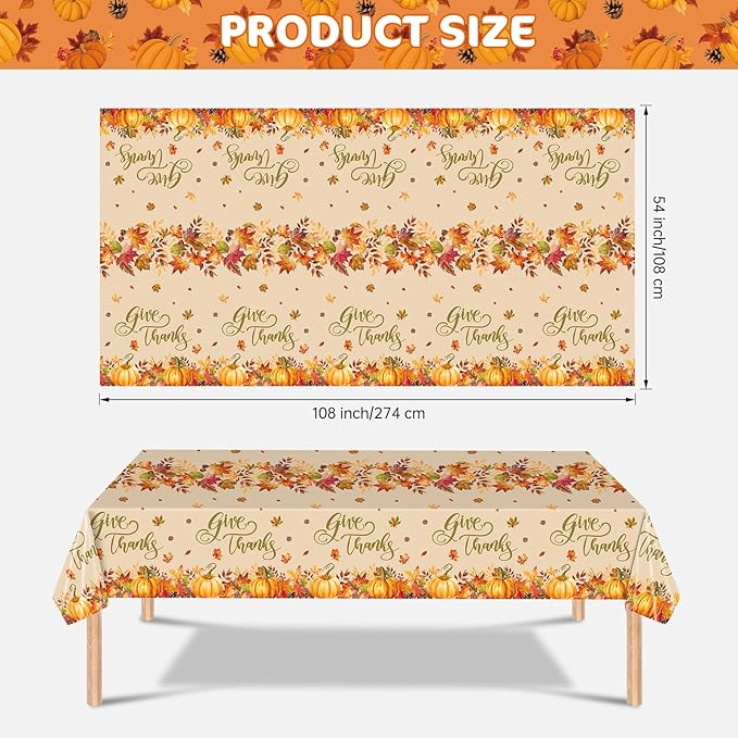 3 Pcs Thanksgiving Tablecloth Disposable - Fall Give Thanks Table cloth, Rectangle Plastic Maple Leaf Pumpkin Table Cover for Fall Harvest Thanksgiving Party Decorations Supplies Favors, 54x108 Inch