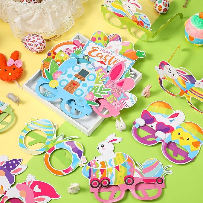 16 Pcs Easter Party Decorations Paper Glasses Bunny Photo Booth Props Supplies for Happy Spring Easter Birthday Party