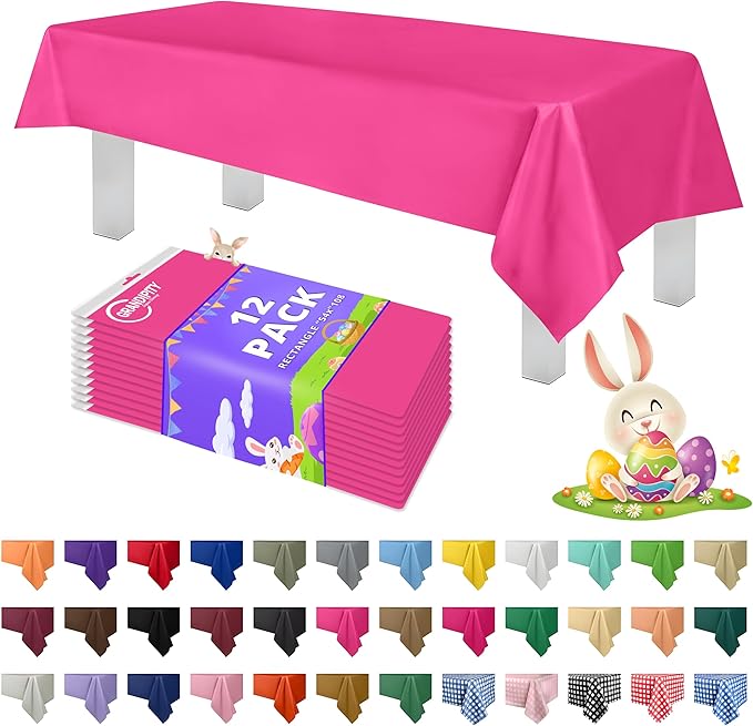Grandipity 12 Pack Premium Disposable Plastic Tablecloth 54 Inch. x 108 Inch. Decorative Rectangle Table Cover - Hot Pink