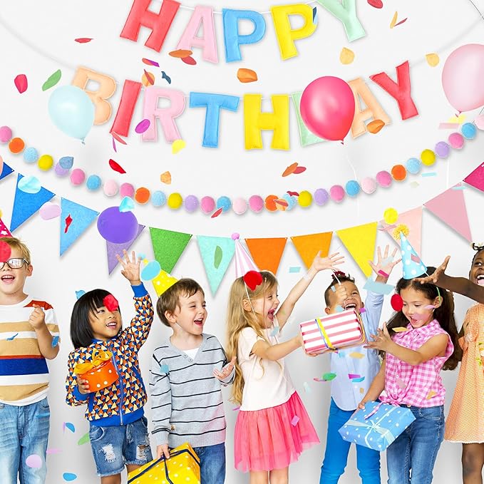 CANREVEL Pre-Strung 3D Happy Birthday Banner, 3 PCS Pastel Felt Garland, Pom Pom Garland, Triangle Fabric Bunting, Reusable Pastel Birthday Decorations for Women Girl