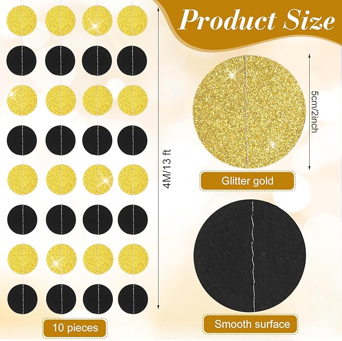 Syhood 10 Pcs Party Decorations Paper Dot Circle Garlands Glitter Streamers Hanging Banner Decor for New Year Baby Shower Wedding Birthday Backdrop Supplies (Black and Gold)