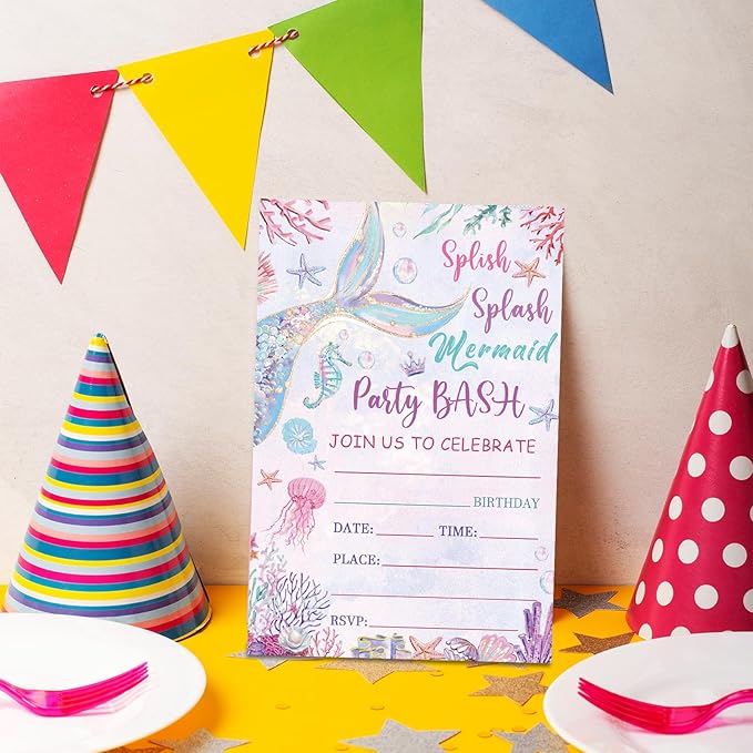 Mermaid Birthday Invitations, Mermaid Under the Sea Invites for Girls Boys, 20 Pcs Double-Sided Fill In Invitations with Envelopes, Birthday Party Favor & Supplies 6 x 4 Inch