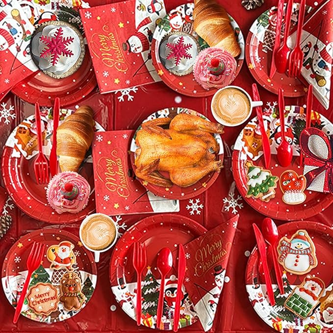 Christmas Party Decorations Dinnerware Set,225 PCS Xmas Party Decoration with Merry Christmas Plates and Napkins Cups Banner Tablecloth Balloons Backdrop for Holiday Party Supplies Serve 20