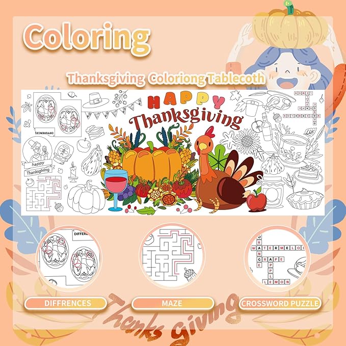 30 x 72 Inches Thanksgiving Giant Coloring Poster/Tablecloth, Paper Table Cover, Jumbo Paper Coloring Banner Games Activities for Kids Gifts, Thanksgiving Party Decorations