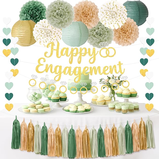 Engagement Party Decorations Sage Green Engaged Decorations with Gold Happy Engagement Banner, Includes Paper Pom Poms Paper Lanterns, Tassels for Couple Bridal Shower Decor
