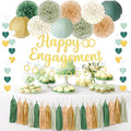 Engagement Party Decorations Sage Green Engaged Decorations with Gold Happy Engagement Banner, Includes Paper Pom Poms Paper Lanterns, Tassels for Couple Bridal Shower Decor