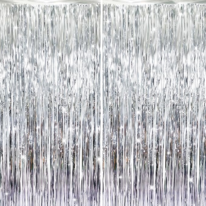 GOER 3.2 ft x 8.2 ft Metallic Tinsel Foil Fringe Curtains,Party Streamer Backdrop for Birthday,Graduation Decorations and New Year Eve (Silver,2 Packs)